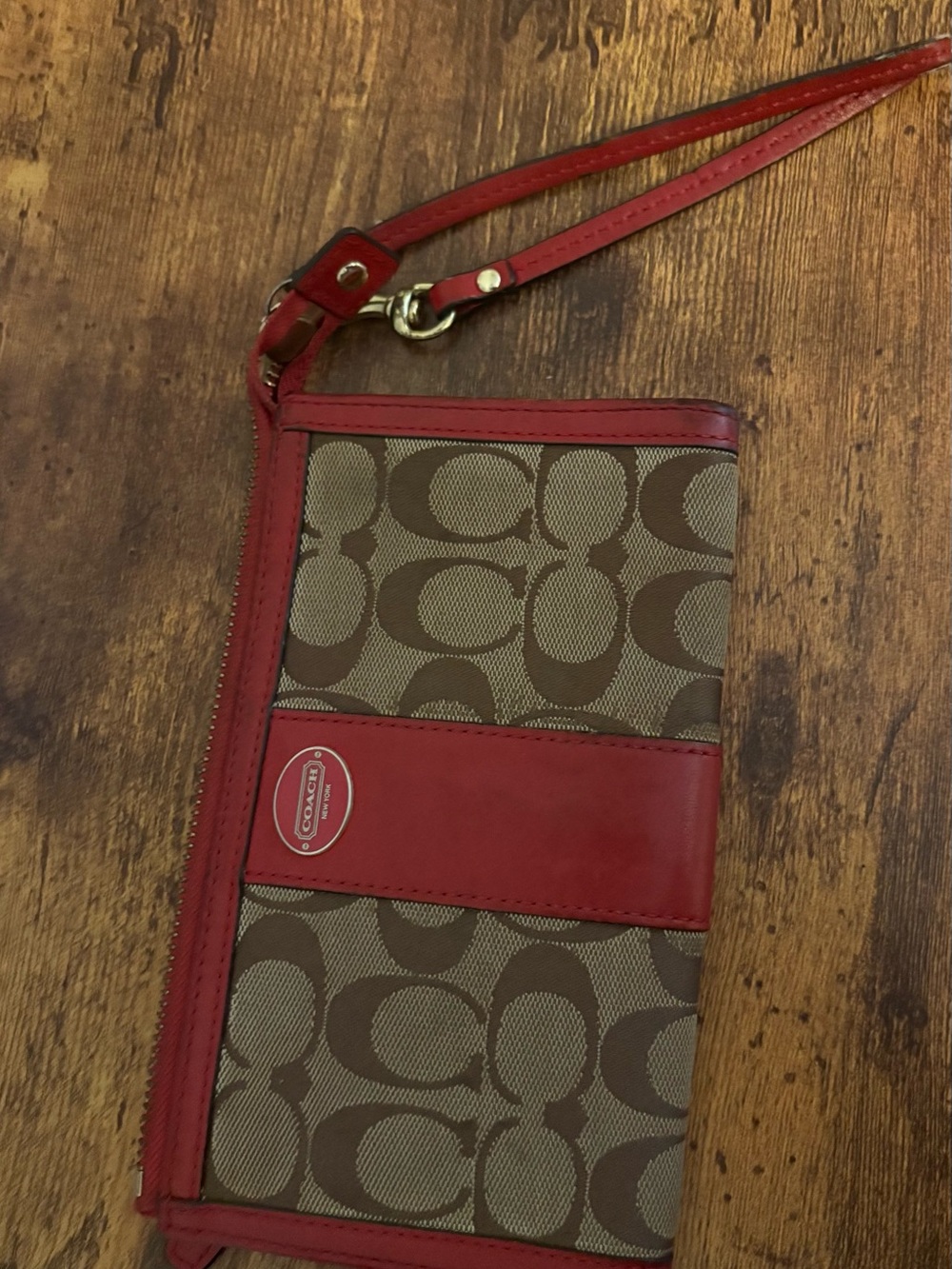 Coach Brown Signature Canvas Wristlet with Red Leather Trim